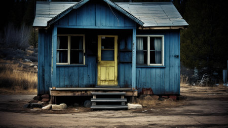 A blue house with yellow door and steps, AIの素材