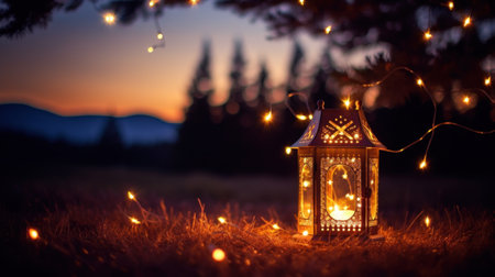 A lantern with lights on it in the grass, AIの素材