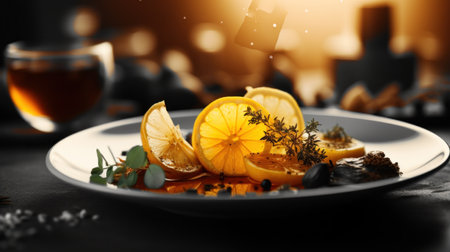 A plate with orange slices and herbs on it, AIの素材