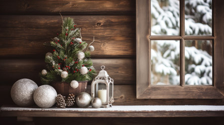 Christmas decorations on a wooden shelf near the window, AIの素材