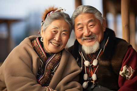 An elderly asian couple in traditional clothing, AIの素材