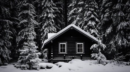 Black and white photograph of a cabin in the woods, AIの素材