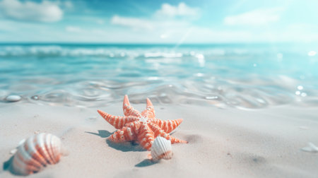 A starfish and shells on a sandy beach, AIの素材