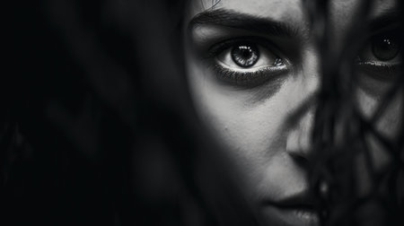 Black and white portrait of a woman with dark eyes, AIの素材