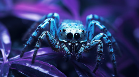A blue spider sitting on top of purple plants, AIの素材
