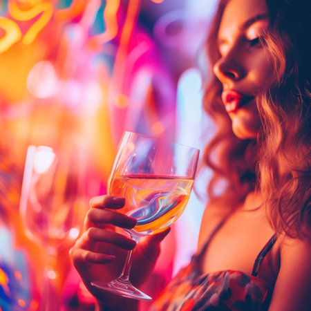 A woman holding a glass of wine in front of neon lights, AIの素材