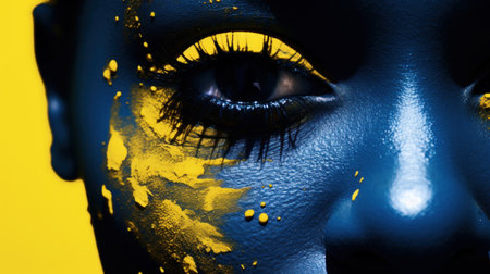 A close up of a womans face painted with yellow and blue paint, AIの素材