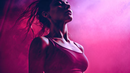 A woman in a pink top is standing under an abstract background, AIの素材