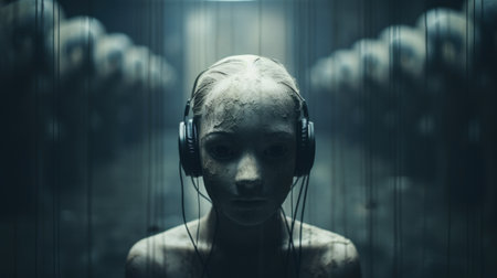 A woman with headphones on her head, AIの素材