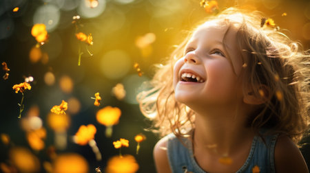 A little girl is laughing and throwing flowers, AIの素材