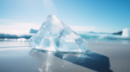 An ice cube on the beach with a blue sky, AIの素材