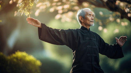 An elderly man doing tai chi in the park, AIの素材