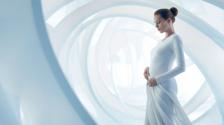A woman in a white dress standing inside of an abstract spiral, AIの素材