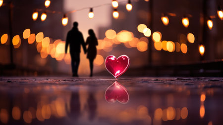 Defocused couple walking in the rain with a focused heart shaped balloon, AIの素材