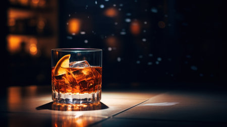 A glass of whiskey with ice cubes on the table, AIの素材