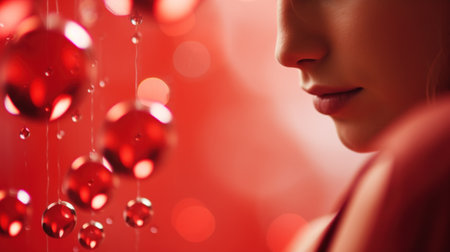 A woman is looking at her reflection in red bubbles, AIの素材
