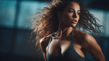 A woman with curly hair and a sports bra top, AIの素材