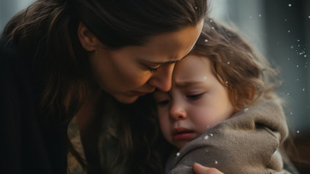 A woman holding a child while looking at her, AIの素材