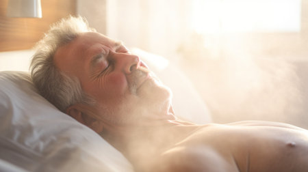 A happy sleeping man lying in bed with at morning just before waking up, AIの素材
