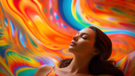 A woman is lying down on a psychedelic background, AIの素材