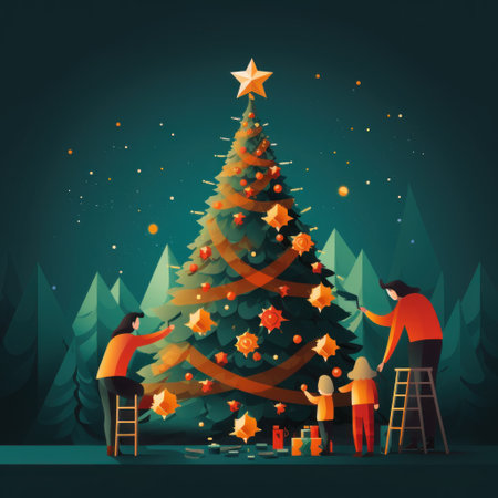 A family decorating a christmas tree, AIの素材