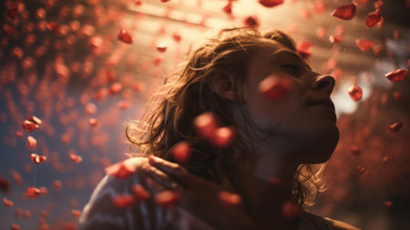 A woman is surrounded by red petals, AIの素材