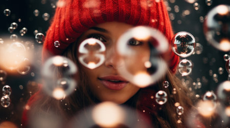 A woman in a red hat is surrounded by bubbles, AIの素材