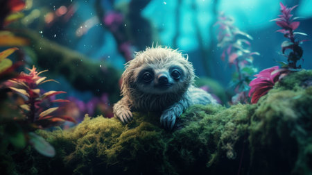 A baby sloth in the ocean with plants and water, AIの素材