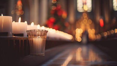 Candles are lined up in a church with the lights on, AIの素材