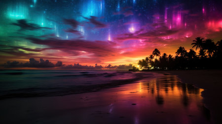 A colorful sprites or aurora borealis lights the sky over a beach, AIの素材
