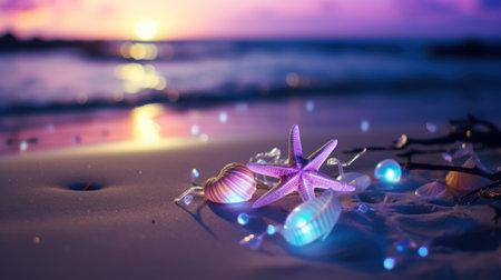 A starfish and shell on the beach at sunset, AIの素材