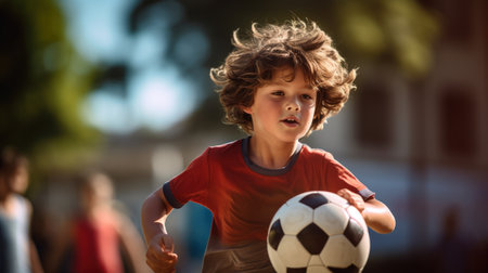 A young boy is running with a soccer ball, AIの素材