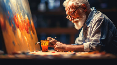 An elderly man with a beard and glasses is painting on an easel, AIの素材