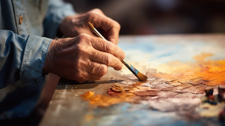 An artists hands holding a paintbrush and palette, AIの素材