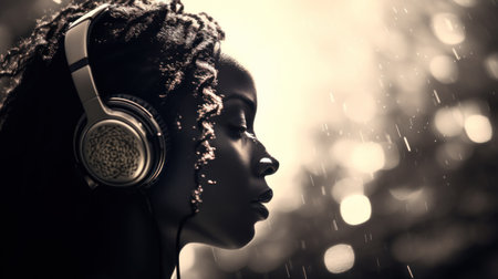 A woman with headphones listening to music, AIの素材