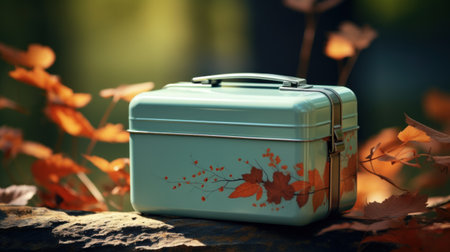 A blue lunchbox sitting on top of a rock, AIの素材