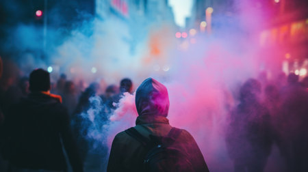 A person in a hoodie is standing behind smoke, AIの素材