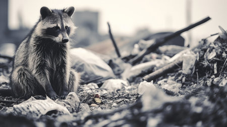 A raccoon sitting on the ground next to garbage, AIの素材