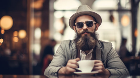 A man with a beard and sunglasses holding up his coffee, AIの素材