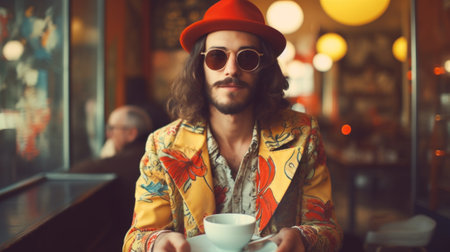 A man with a mustache and hat holding coffee, AIの素材
