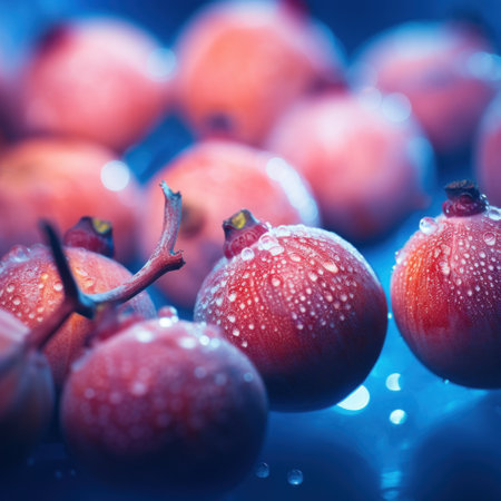 Pomegranate fruits with water droplets on blue background, AIの素材