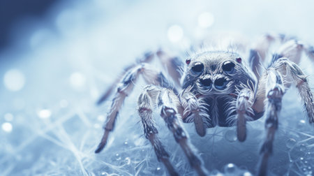 A spider is sitting on a blue background, AIの素材