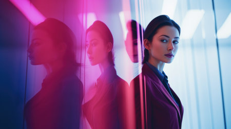 A woman in a suit standing next to an elevator, AIの素材