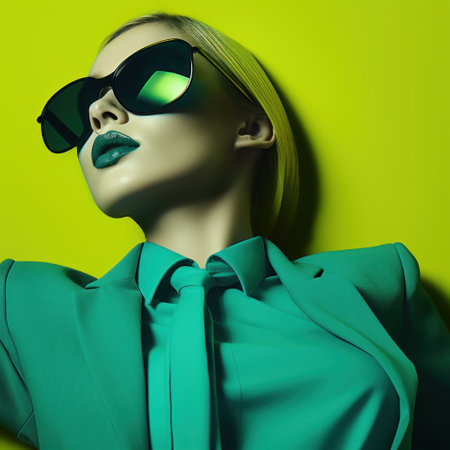 Fashion model in green suit and sunglasses on yellow background, AIの素材