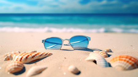 Sunglasses and shells on the beach, AIの素材