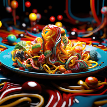 A plate with a bowl of spaghetti and candy, AIの素材