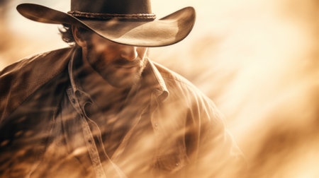 A man in a cowboy hat is walking through the desert, AIの素材