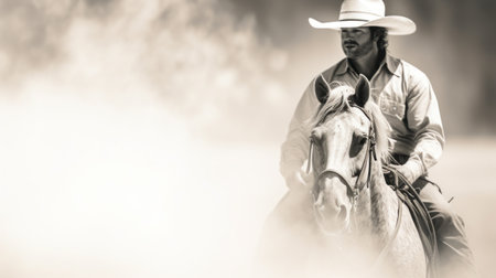 Cowboy riding horse in foggy background, AIの素材