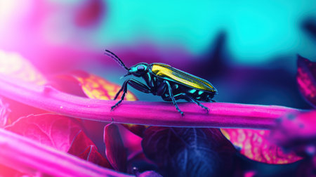A beetle sitting on a pink plant with purple and blue colors, AIの素材
