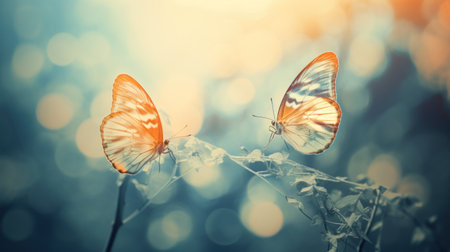 Two butterflies are sitting on a plant with sunlight, AIの素材
